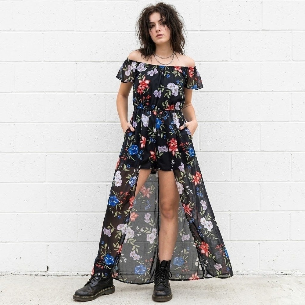 Floral Maxi Romper Womens Medium Black Romantic Whimsigoth Boho Festival Grunge
